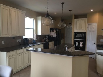 Antique Beige Kitchen Cabinet Painting and Lighting Installation Cinco Ranch, TX